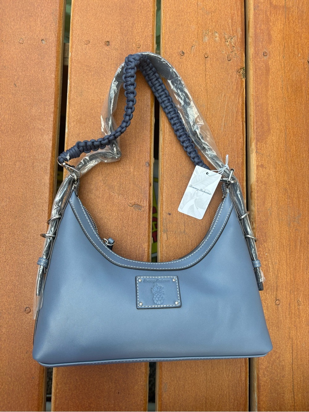 Tommy Bahama Navy Blue Leather Shoulder Bag with Braided Strap